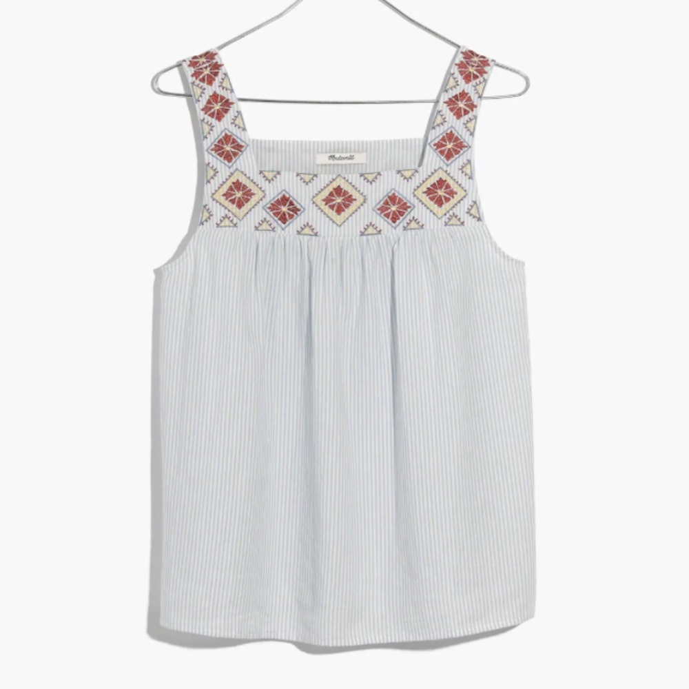 Madewell Blue Stripe Tank Top with Red and Gold Embroidery